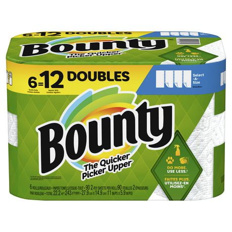 Bounty Select-A-Size Paper Towels, 6 Double Rolls, White, 90 Sheets Per Roll, 6=12 Rolls