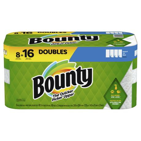 Essuie-tout Bounty Sur mesure, 8 rouleaux doubles, blanc, 90 feuilles par rouleau 8=16 Rouleau
