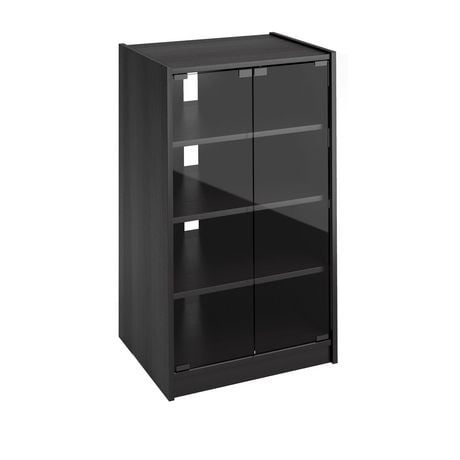 CorLiving Cranley Black Engineered Wood Media Cabinet with Adjustable Shelves and Glass Doors - Stereo Stand and DVD Storage, CD and Game Media Console, Audio Cabinet