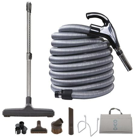 Ovo Central Vacuum Deluxe Accessories Kit, With 35ft Low-Voltage hose, ON/OFF Control at the handle, 12’’ floor brush and accessories, ideal  For hard surfaces