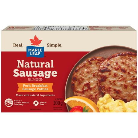 Maple Leaf Fully Cooked Natural Pork Breakfast Sausage Patties, 300 g