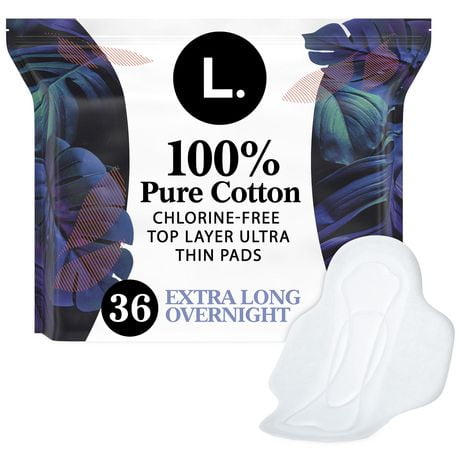 L. Ultra Thin Pads for Women, Overnight Absorbency, 100% Pure Cotton Top Layer, Unscented Pads with Wings, 36CT