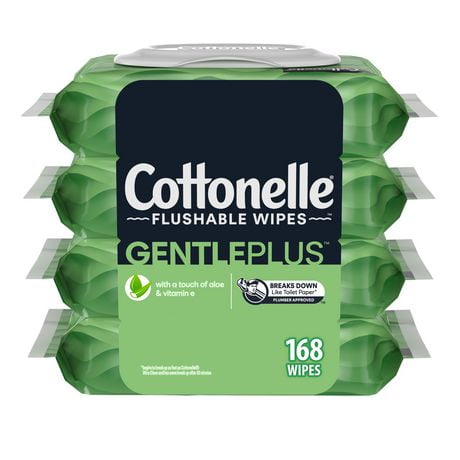 Cottonelle GentlePlus Flushable Wet Wipes with Aloe & Vitamin E - 4 Flip-Top Packs, 42 Flushable Wipes per pack, 168 Total Flushable Wipes, 4 Flip Top Pk, 168 Wipes