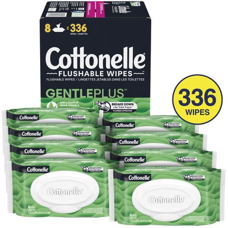Cottonelle GentlePlus Flushable Wet Wipes with Aloe & Vitamin E, 8 Flip-Top Packs, 8X 42 Wipes (336 Total Wipes)