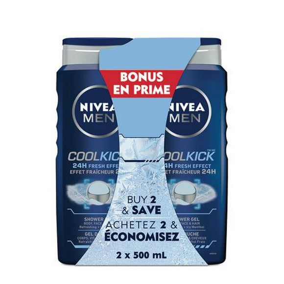 NIVEA Men Cool Kick 24H Fresh Effect Shower Gel for Men | 3-in-1 Body, Face, and Hair Wash | Refreshing Menthol Shower Gel | Dermatologically tested, Bonus Pack, 2 x 500 mL