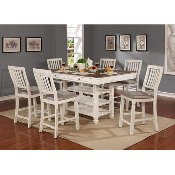 Topline Home Furnishings Antique White Counter-height 7pc Dining Set