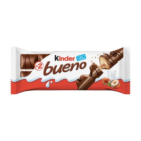 KINDER BUENO Milk Chocolate and Hazelnut Cream Candy Bars, Single Pack contains 2 Individually Wrapped Bars, 2 Bars Per Pack (43g)