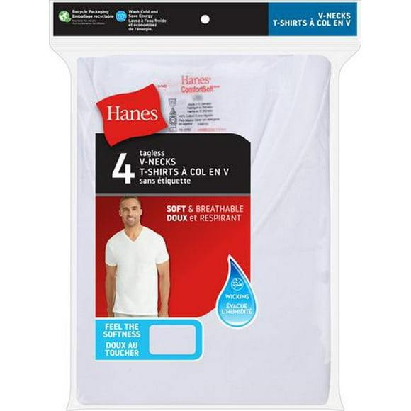 Hanes Men's Tagless V-Neck T-Shirts - Comfort Soft - White - 4-Pack, ComfortSoft® Fabric Now Even Softer - Tagless V-Neck T-Shirt