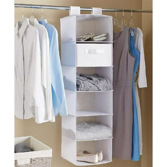 Mainstays 6 Compartment Closet Organizer, 6-shelf hanging closet organizer, white, Product size: 12 in. W x 11.5 in. D x 42 in. H