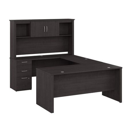 Bestar Logan 65W U Shaped Desk with Hutch in charcoal maple | Walmart ...