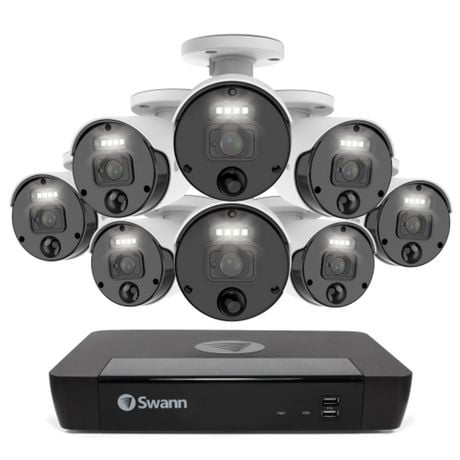 Système de sécurité Swann Master NVR 4K Ultra HD à 8 canaux avec disque dur de 2 To avec 8 caméras de sécurité IP Bullet avec projecteur de détection de chaleur et de mouvement 4K (NHD-875WLB) - Blanc