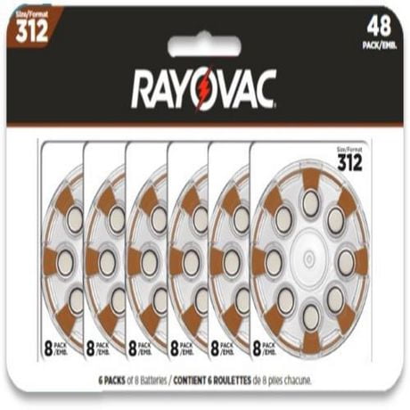 Rayovac Hearing Aid Size 312 Batteries, 48 Pack, Pack of 48 batteries