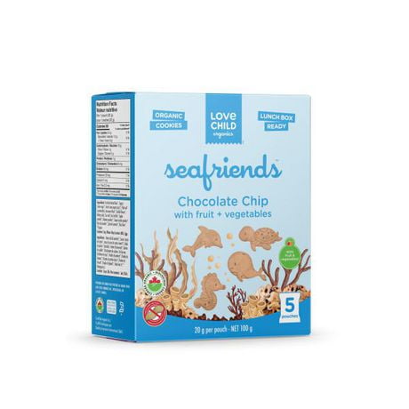 Love Child Organics Sea Friends Chocolate Chip 5ct Snack Pack Cookies 100g Box, Flavourful cookies with fun sea shapes