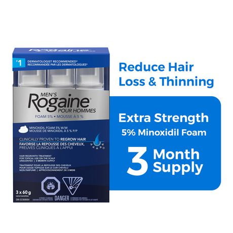 Rogaine Traitement pour le repousse des cheveux chez les hommes - Réduit la perte et l’amincissement des cheveux - Mousse de minoxidil à 5 % - approvisionnement de 3 mois, 3 x 60 g approvisionnement de 3 mois