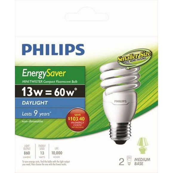 PHILIPS 13W (60W)* Mini Twister Daylight CFL Bulb 2-pack, CFL 60W TW DL 2PK