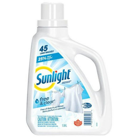 Sunlight Free and Clear Lessive liquide (45 brassées, 1,84 L), lessive douce avec formule sensible et détachant, hypoallergénique, blanc DE DÉTERGENT LIQUIDE SUNLIGHT