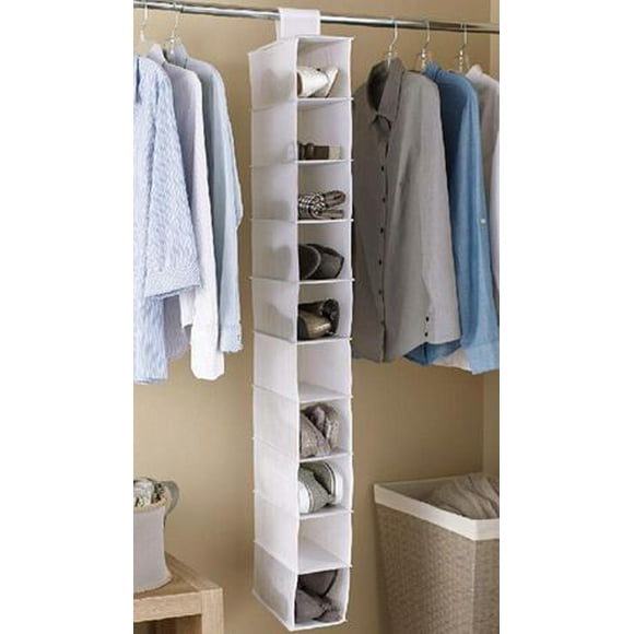 Mainstays 10 Compartment Closet Organizer, 10-shelf shoes and other accessories hanging organizer, White, Product size : 5.5 in. W x 11.5 in. D x 52 in. H
