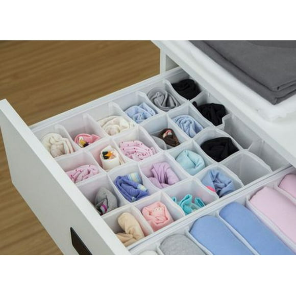 Mainstays 24 Compartment Drawer Organizer/White; Drawer Organizers Foldable Cabinet Closet Organizers and Storage Boxes for Storing Socks, Underwear, Ties;, Item size: 11.8 in. W x 13.2 in. D x 4.1 in. H