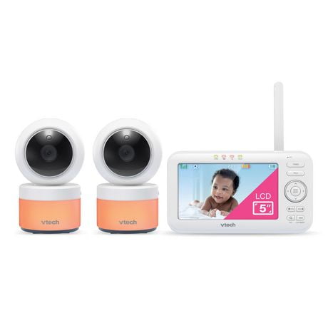 VTech VM5263-2 Moniteur de bébé vidéo numérique de 5 po à panoramique et inclinaison et veilleuse à 2 caméras, (blanc) VM5263-2