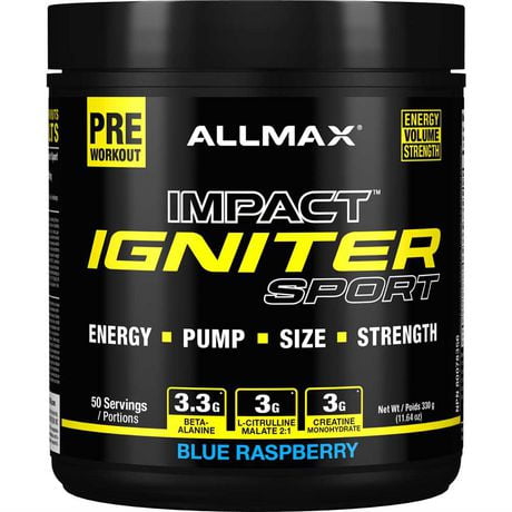 Allmax Impact Sport blue rasp preworkout, explosive pre workout drink