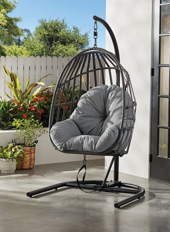 Mainstays Patio Hanging Egg Chair With Stand Grey All Weather Wicker   6000207298472 