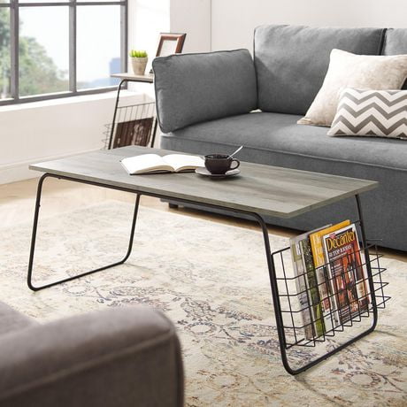 Modern Coffee Table with Storage and Magazine Holder - Grey Wash/Black