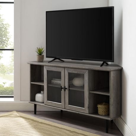 Modern Simple Glass Door Corner TV Console for TV's up to 52" - Grey Wash