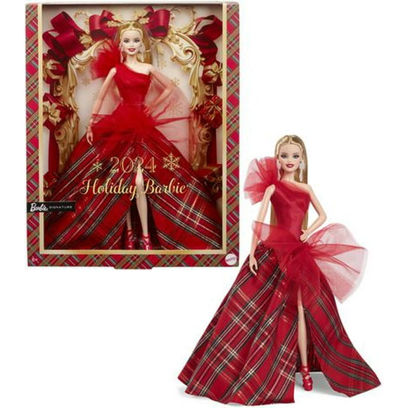 Barbie Signature 2024 Holiday Barbie Fashion Doll, Seasonal Collector Gift, Blonde with Plaid Gown, Ages 6Y+