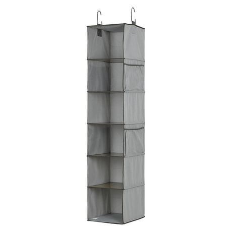 MAINSTAYS Fabric 6-Shelf Closet Organizer, Shelves Hanging Organizer 6 - Layer Collapsible Hanging Closet Organizer with 4 Side Pockets Closet Hanging Shelves ,Gray, Product assembled size: 12 " W x 12 " D x 54 " H