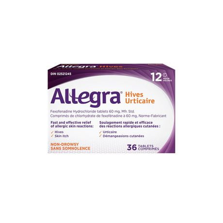 Allegra Hives - 12-Hour Itchy Skin Relief Due to Hives, Allergic Skin Reactions - 60 Mg Fexofenadine Hydrochloride, Antihistamine - Non-Drowsy Formula - Adults, Kids, 12 & Older - 36 Tablets, 36 Tablets