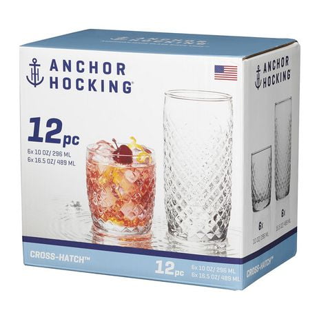 Anchor Hocking 12pc Cross Hatch Drinkware Set, 12pc Cross Hatch Drink Set