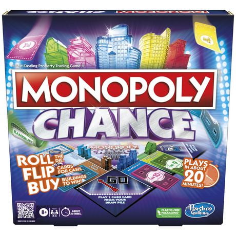 Monopoly Chance, jeu Monopoly rapide pour la famille, jeu de plateau pour 2 à 4 joueurs, environ  20 min. À partir de 8&nbsp;ans