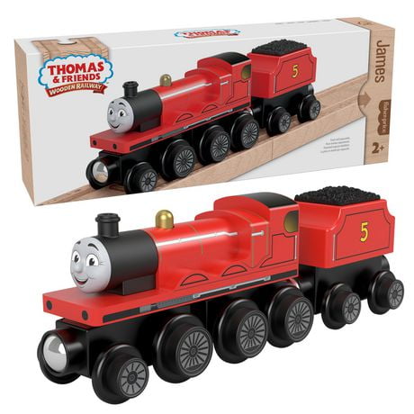 Fisher-Price Thomas & Friends Wooden Railway James Engine and Coal Car, push-along train made from sustainably sourced wood for kids 2 years and up