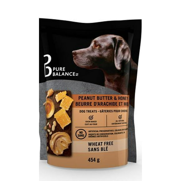 Peanut butter & honey dog treats. All natural, wheat free, oven-baked dog treats. No artificial preservatives, colours or flavours, 454g