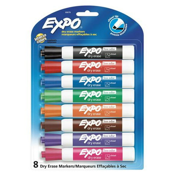 EXPO Marqueurs effaçables à sec à faible odeur, pointe biseautée, couleurs assorties, paquet de 8 EXPO