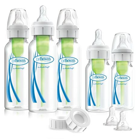 Dr. Brown’s Natural Flow Anti-Colic Options+ Narrow Baby Bottle Newborn Gift Set with Baby Bottle Travel Caps, 3 8oz and 2 4oz bottles