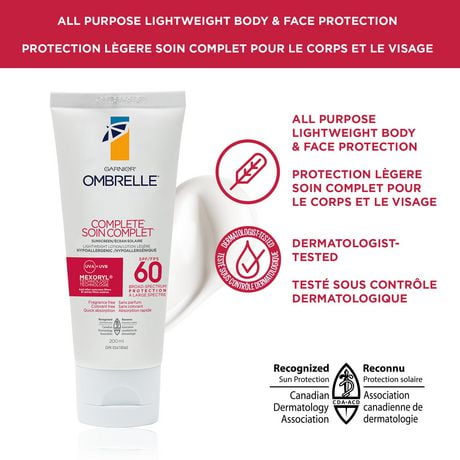 Garnier Ombrelle Complete Body And Face Lotion SPF 60, 200 mL, Hypoallergenic lotion