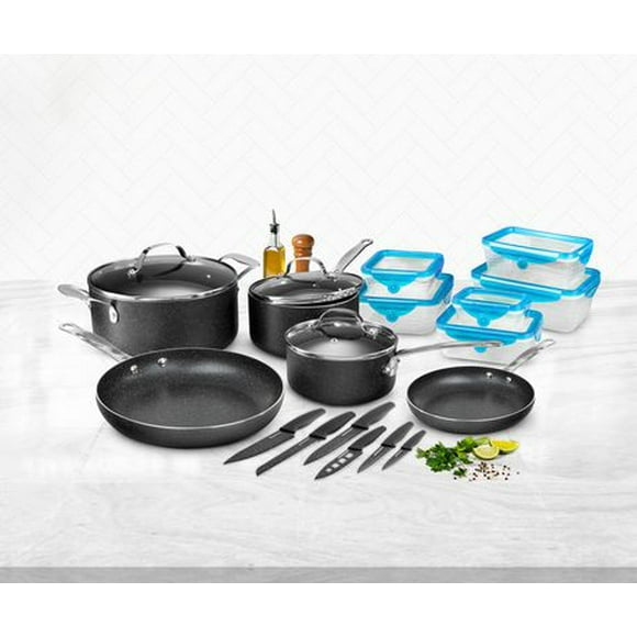 GraniteStone Diamond 26 Piece Cookware Set with Stretch and Fresh Containers and Nutriblade Knife Set