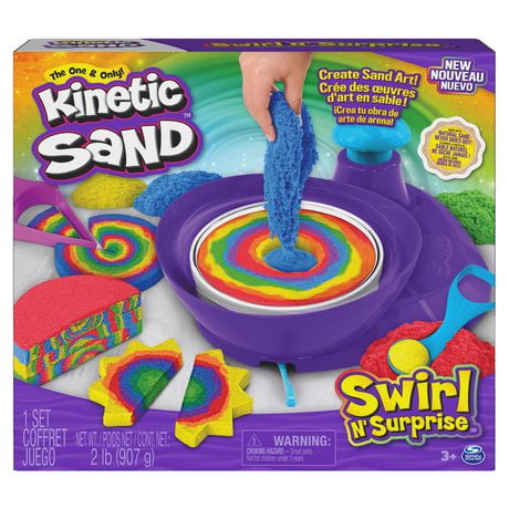 Kinetic Sand, Swirl N’ Surprise Playset with 2lbs of Play Sand, Including Red, Blue, Green, Yellow and 4 Tools, Sensory Toys for Kids Ages 3 and up, Kinetic Sand Playset