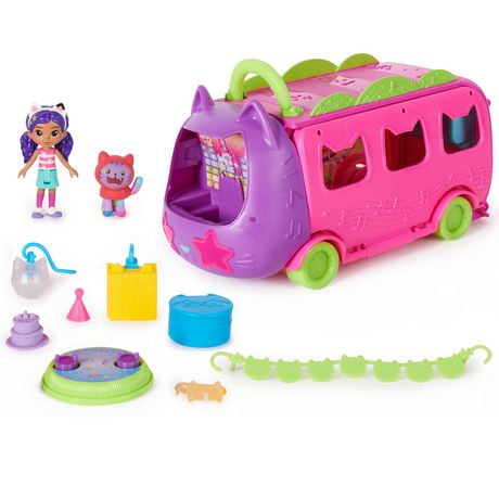 Gabby’s Dollhouse Celebration Party Bus, Transforming Playset with Gabby & DJ Catnip Toy Figures & Dollhouse Accessories, Kids Toys for Ages 3 and Up, Celebration Party Bus Playset