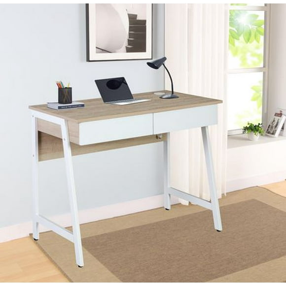 Hometrends 39.4’’ White Computer Desk 2 Drawers Computer Desk with USB Charger Study Writing Table Home Office Workstation, Computer Desk