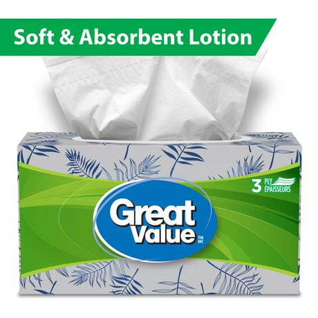 Great Value, Facial Tissues with lotion, 120 tissues per box, 3Ply, 120 Tissues in total