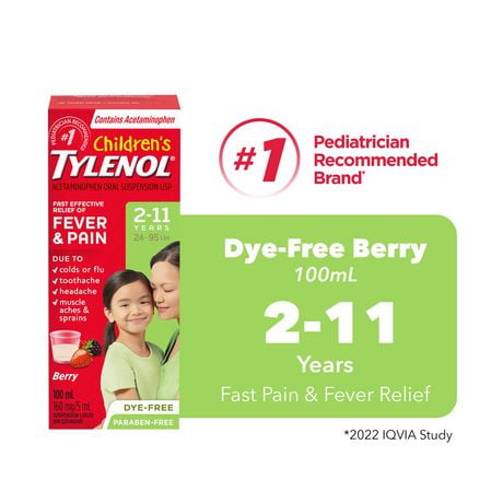 Tylenol Médicament pour enfants 2-11 ans; soulage fièvre et douleur, suspension orale d’acétaminophène à 160 mg/5 ml, petits fruits, sans colorant 100 ml