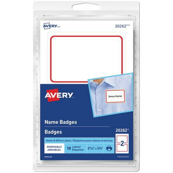 Avery Removable Name Badge Red Border Labels, 2-11/32" x 3-3/8"