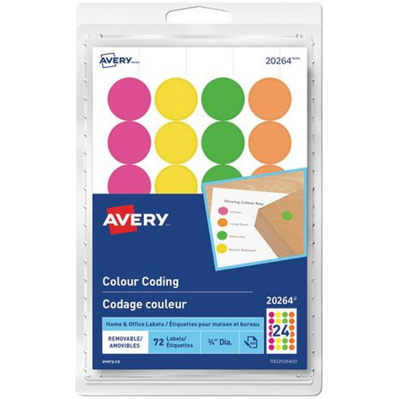 Étiquettes à codage amovibles Avery à couleur fluorescentes variées Paq. de 72, 3/4 po de diamètre