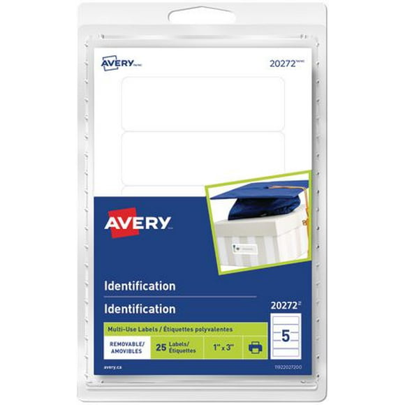 Avery Removable White Identification Labels, Pack of 25, 1" x 3"