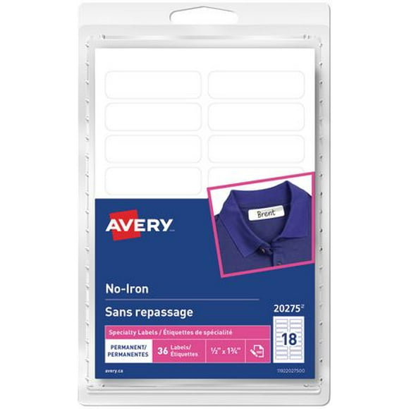 Étiquettes permanentes Avery sans repassage pour vêtements en blanc Paq. de 36, 1/2 x 1 à 3/4 po