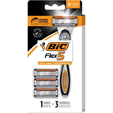 BIC Flex 5 Refillable Razors for Men, Long-Lasting 5 Blade Razors for a Smooth and Comfortable Shave, 1 Handle and 3 Cartridges, 4 Piece Shaving Kit, 4 Piece Shaving Kit