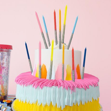 Packed Party People Multi-color Birthday Candles, 6 in Candles with Candle Stake, 12 Ct., 12 Multi-Color Glitter Dipped Candles