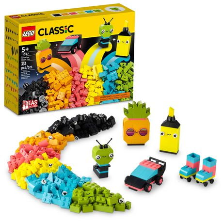 LEGO Classic Creative Neon Colors Fun Brick Box Set 11027, Building Toy to Create a Car, Pineapple, Alien, Roller Skates, and More Building Ideas for Kids, Boys, Girls Ages 5 Plus Years Old, Includes 333 Pieces, Ages 5+